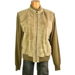 Vintage Suede Leather Sweater Jacket Women's large Bomber Knit Brown 1980s Prop